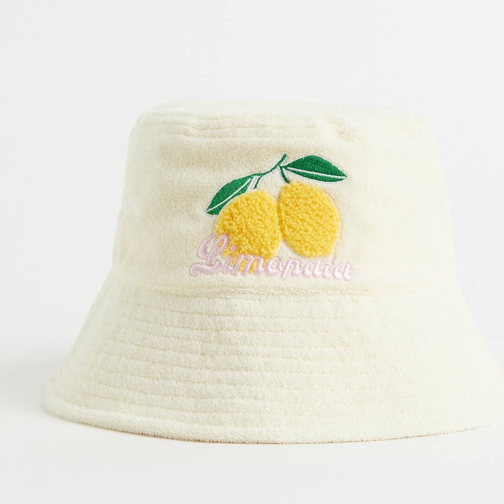 H&M Light Yellow “Limonada” Bucket Hat Embroidered Lemons • Summer Hat Sz S/XS